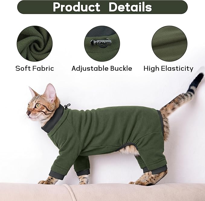 PUMYPOREITY Sticky Hair Cat Clothes, Prevent Hair Loss Cat Pajamas, Soft Cat Sweaters for Cats Only, Cat Hair Sticky Onesie, Cat Recovery Suit After Surgery, Green, XL