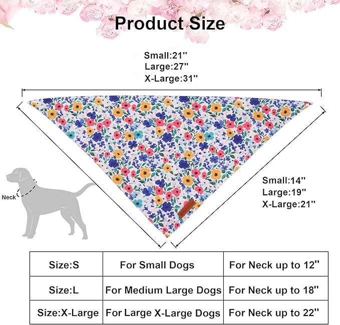 ADOGGYGO Floral Dog Bandanas 2 Pack, Reversible Cute Flower Scarf, Premium Fabric, Adjustable Fit Pink Blue Floral Bandanas for Extra Large Dogs (X-Large)