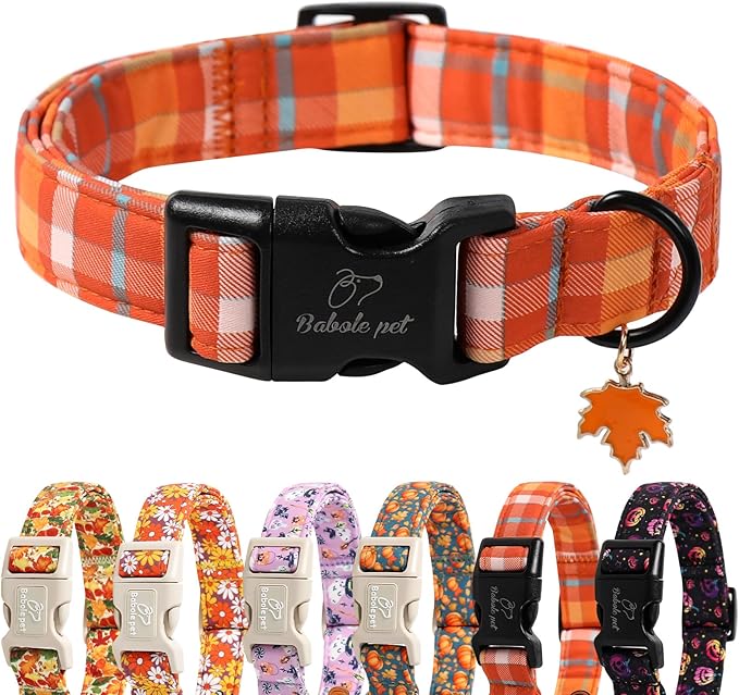 Fall Dog Collar Cute Orange Plaid Puppy Collar - Light Comfortable Adjustable Pet Collars for Small Medium Large Girl Boy Dogs M