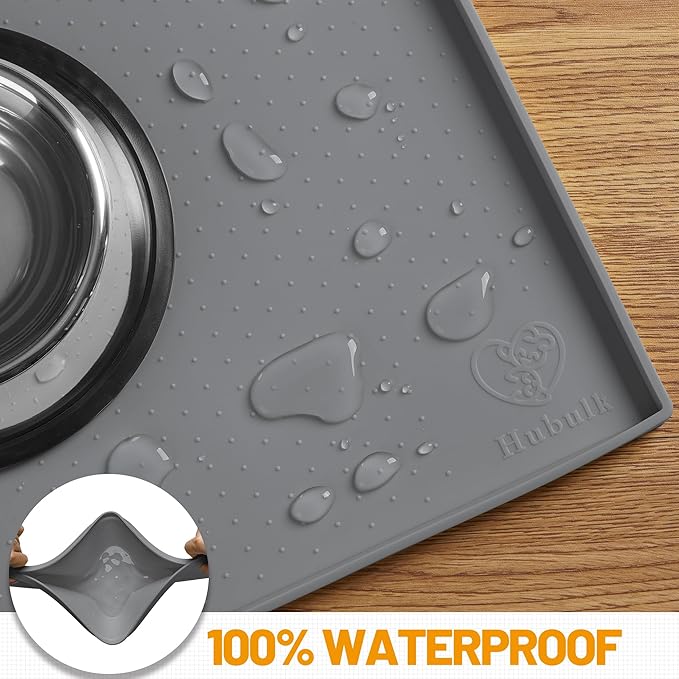 Hubulk Dog Feeding Mat,100% Waterproof Food Grade Silicone Pet Food and Water Bowl Placemat,Dishwasher, High Raised Edge to Prevent Spills,Nonslip Tray to Stop Messes on Floor (24"x16"x0.5", Grey)