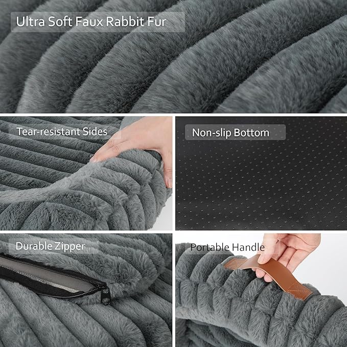 Cute Dog Bed for Extra Large Dogs, XL Washable Soft Plush Furry Calming Dog Bed with Removable Zipper Cover, Orthopedic Rectangle Anti-Anxiety Pet Kennel Bed with Handle, 43x31x5inches, Grey