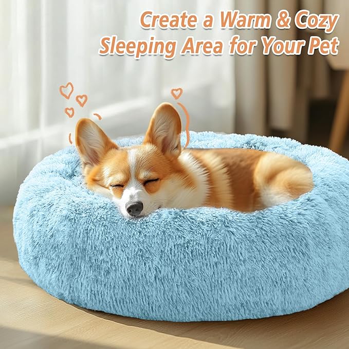JOLLYVOGUE Calming Dog Bed Large Size Dog, Anti-Anxiety Donut Large Pet Bed, 36 inches Fluffy Faux Fur Round Cat Bed, Fits up to 75 lbs Pets (Light Blue)