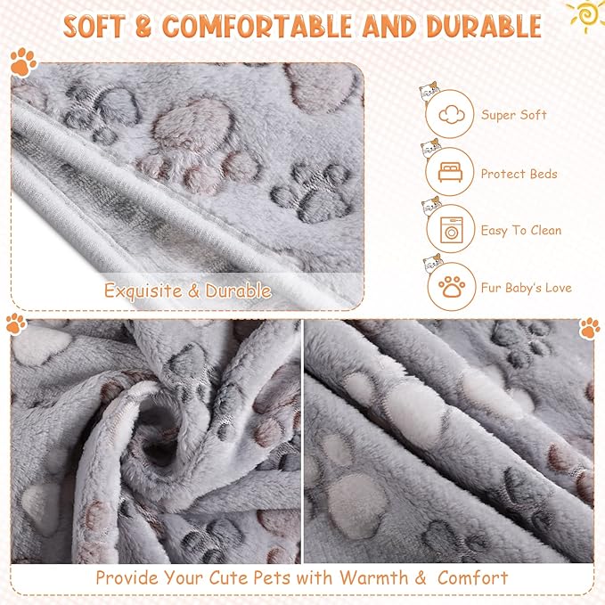 Tatuo 4 Pcs Dog Blanket for Pet Cat Blankets Indoor Puppy Teething Stuff Toys Paw Print Fleece Soft Blanket Sleep Mat for Guinea Pig Cage(Gray,Small(24 x 16 Inch),Square)