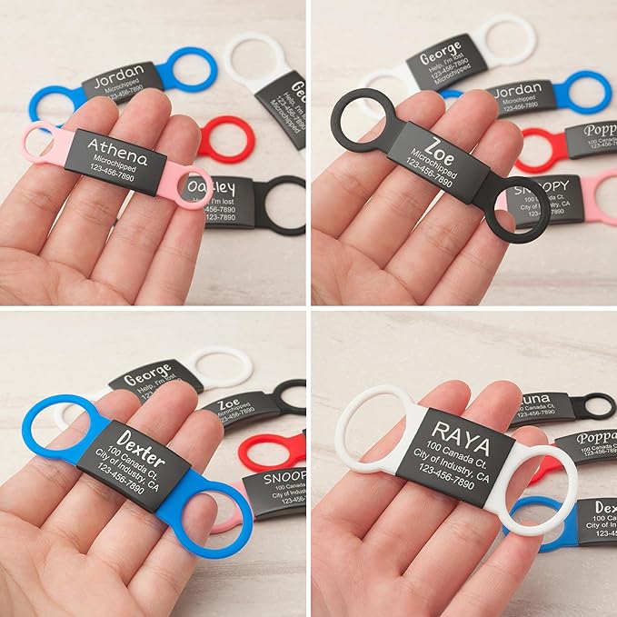 Anavia Slide On Silent Pet ID Tags, S/M/L/XL Personalized Black Stainless Steel Colored Silicone Cat Dog Name Tag, Customized Engraved Nameplate, Quiet Chew-Proof Pet Collar Tag (White, X-Large)