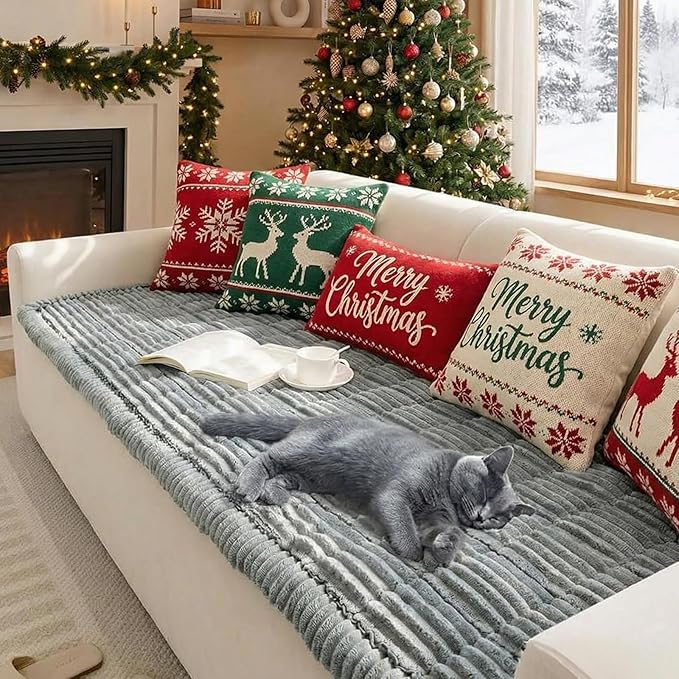 FUNNY FUZZY Pet Couch Covers for Sofa, Washable Dog Couch Cover Protector for Dogs, Flannel Couch Covers for Dogs Pet Friendly Pets Mat Bed Sofa Cover (Blue-Grey, 27.6"×70.9")