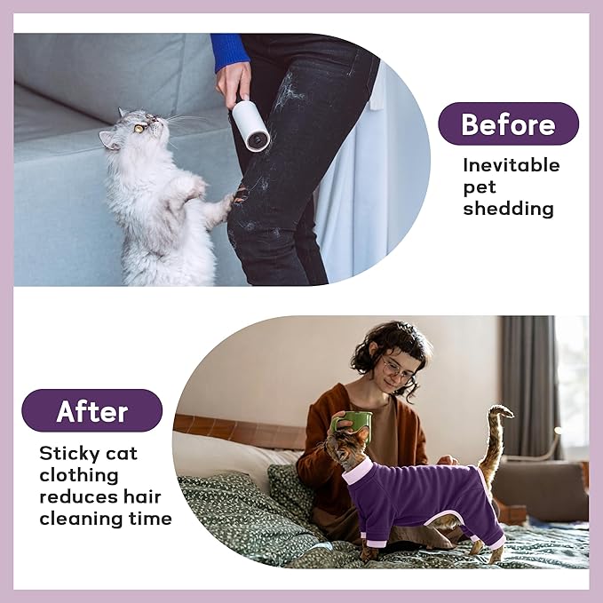 PUMYPOREITY Cat Recovery Suit, Stops Wound Licking After Surgery, Sticky Hair Shirt with Sticky Fabric, Cat Pajamas Prevents Over-Grooming, Purple, XS