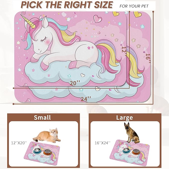 Cute Unicorn Dog Food Mat for Floors,Cloudy Pink Stars Absorbent Pet Food and Water Bowl Mats,Non-Slip Pet Feeding Mat,Pet Supplies 16" x 24"
