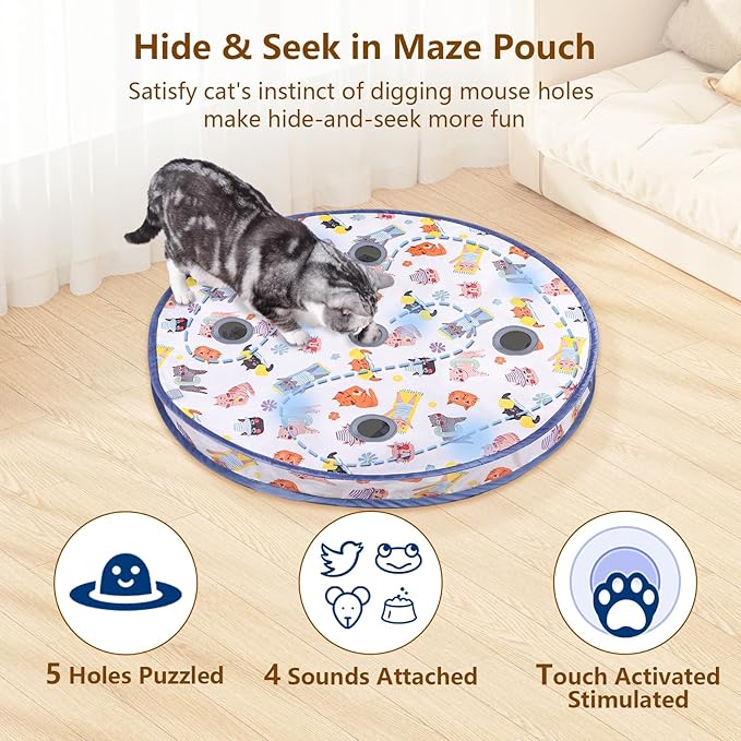 ORSDA Interactive Cat Toys Ball, Automatic Fast Rolling Ball in Pouch, Hide and Seek for Indoor Cats, Motion Chirping Activated Moving Toy, 5 Holes Mat Mouse Catching Game