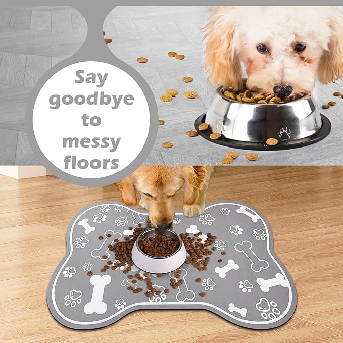 Dog Cat Food Mat,Rapid Absorbent Pet Feeding Mat, Bone Shaped Dog Placemat Water Bowl Mat with Rubber Backing,No Stains Dog Cat Food Mats Indoor, Pet Accessories Supplies 23"x36" Grey