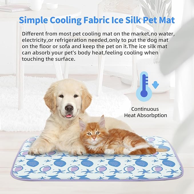 NWK Pet Cooling Mat - Ice Silk Cooling Mat for Dogs & Cats Portable & Washable Pet Cooling Blanket, Car Seats, Beds for Summer (1, Purple Fish, 16’’ X 20’’ X 0.3)