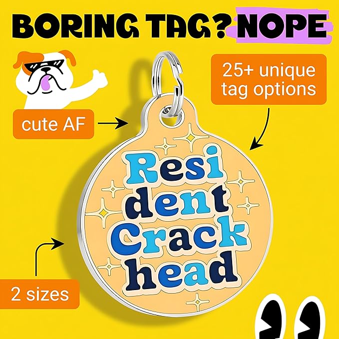 Bad Tags Personalized Dog and Cat ID Tags in 25+ Designs and 2 Sizes - 5 Lines of Custom Engraved Text - Funny Cute Personalized Pet Tags (Resident Crackhead - Orange, Small (1 inch))