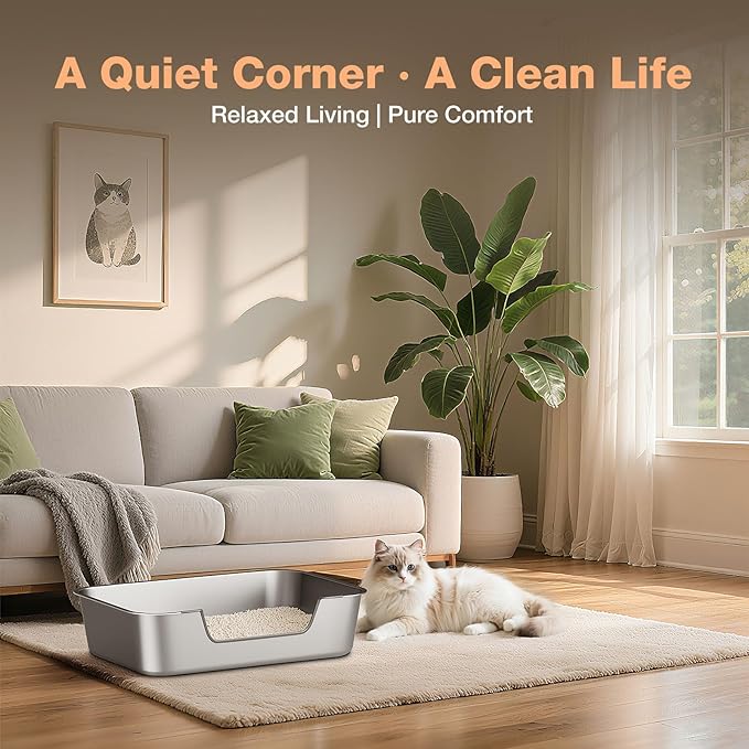 Stainless Steel Cat Litter Box with Low Entry, Metal Kitty Litter Box for Senior or Injured Cats, Odor-Free, Non-Stick, Easy to Clean, 17.5"x13.6"x5.9", Litter Pan for Medium and Small Cats