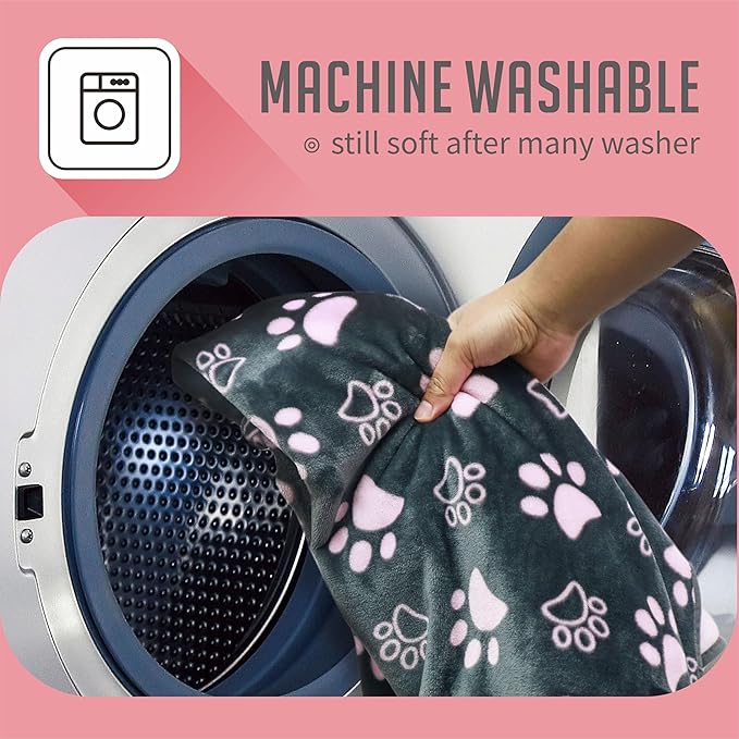 Upgraded Dog Blankets for Large Dogs, Cat Flannel Blankets Washable, with Premium 300GSM Soft Pet Throw Cover for Kennel Crate Bed, Cute Paw Pattern,50x60 inch,Grey & Pink.