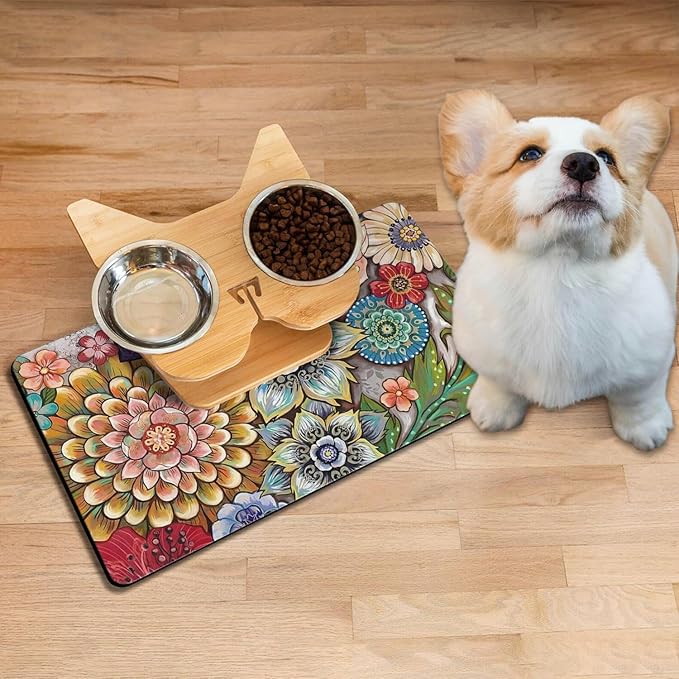 Absorbent Pet Dog Bowl Mat for Food and Water, Pet Cat Food Feeding Mat with Non Slip Rubber Backing, Dog Food Mats for Floors Waterproof, 16"x24"