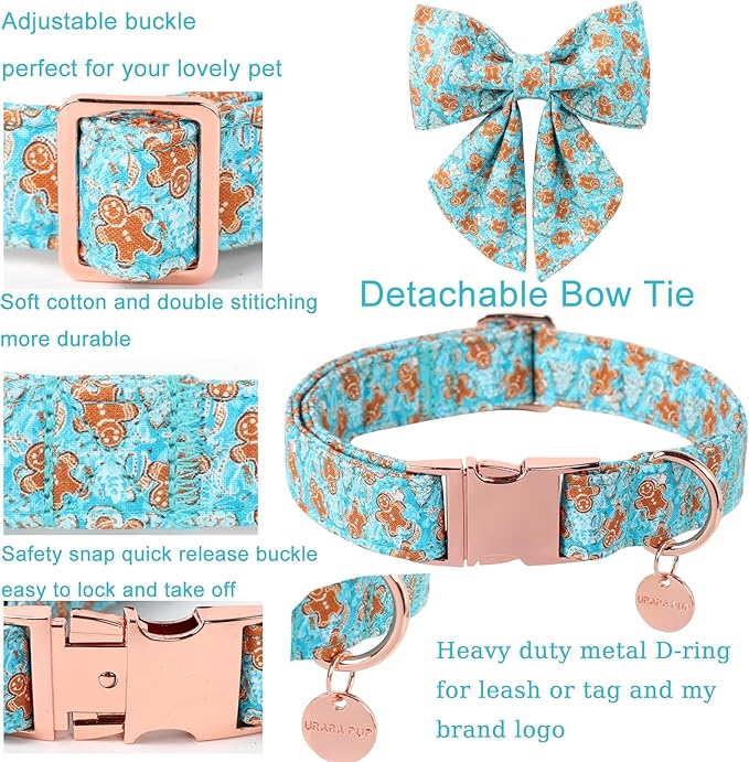 Christmas Dog Collar with Bow Tie,Adjustable Gingerbread Pet Collar,Chriatmas Puppy Bowtie Collar for Small Medium Large Dogs,L,Neck 16-24in