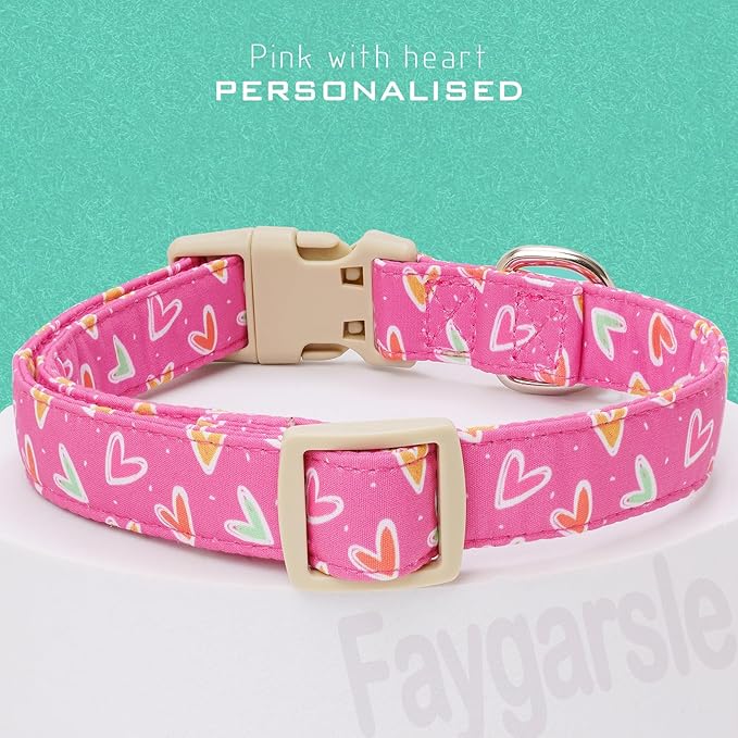 Faygarsle Valentine's Day Dog Collar, Pink Heart Pattern with Metal D-Ring and Heart Charm, Adjustable Pet Collar for Small Medium Large Dogs S