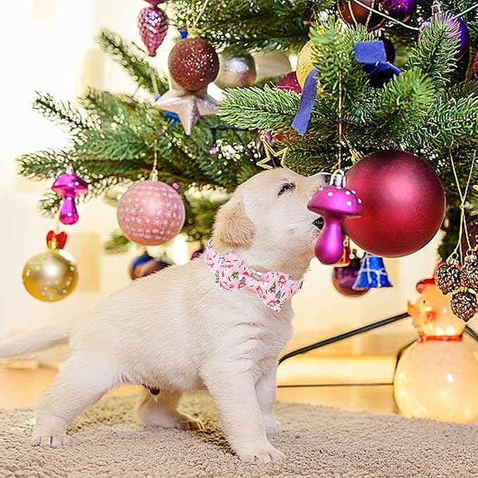 Christmas Dog Collar, Christmas Tree and Snowman Print Cute Winter Holiday Collars Cotton Adjustable Comfortable Pink Dog Collar with Bow,Stylish Collars for X-Large Girl Dogs