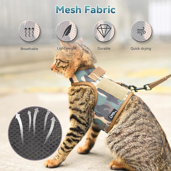 Tactical Cat Harness and Leash for Walking Escape Proof Breathable Mesh Fabric, Green Jungle Camo, Medium, Adjustable Cat Walking Jackets, Padded Stylish Cat Vest