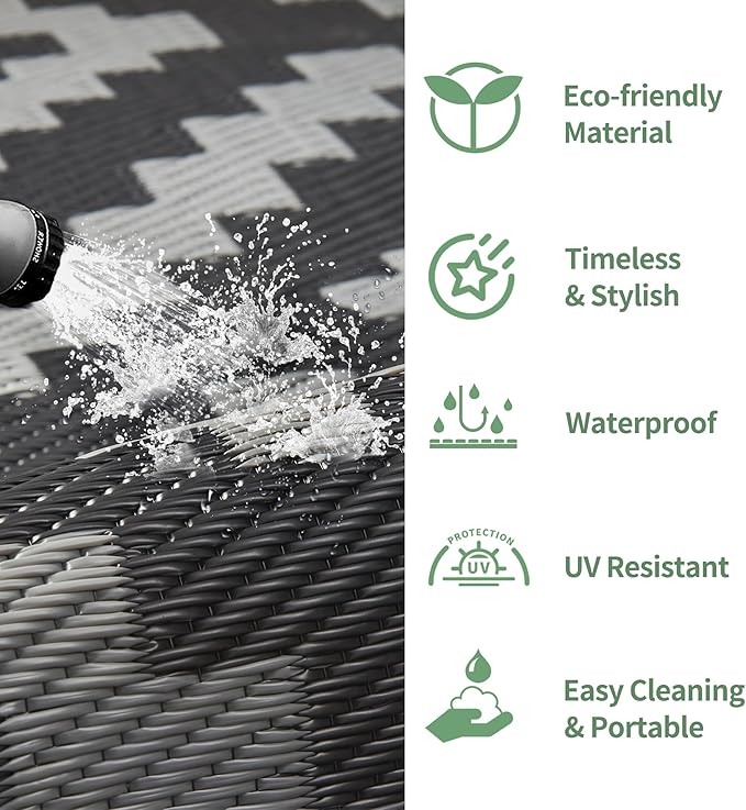 GENIMO Outdoor Rug for Patio Clearance, 8'x16' Waterproof Camping Mat, Reversible Plastic Straw Rugs for RV, Camper, Balcony, Backyard, Picnic, Deck, Black & Gray