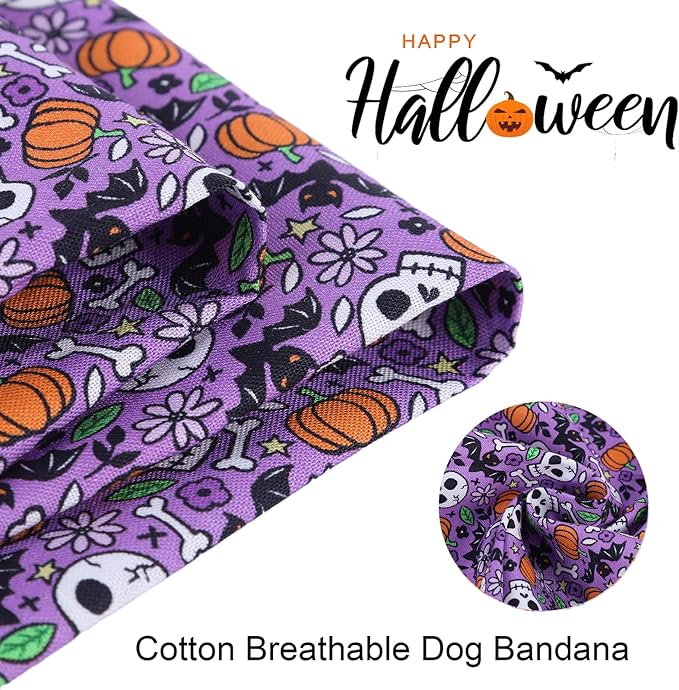 ARING PET Halloween Dog Bandanas, Cotton Purple Pumpkin Ghost Bat Floral Pet Bandanas Cute Triangle Bibs Scarf for Small Medium Large Boy Girl Dogs and Cats-S