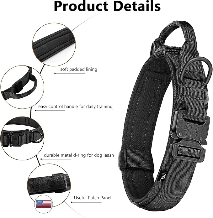 DAGANXI Tactical Dog Collar, Adjustable Military Training Nylon Dog Collar with Control Handle and Heavy Metal Buckle for Medium and Large Dogs, with Patches and Airtags Case (XXL, Black)