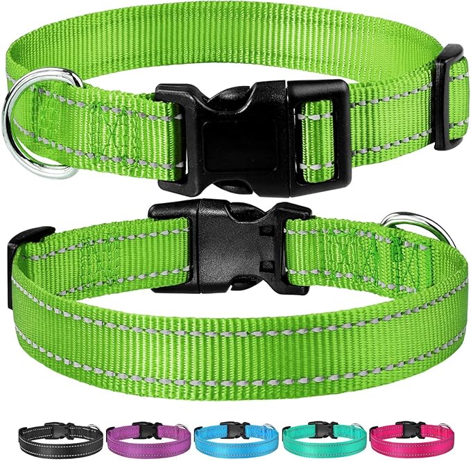 Reflective Dog Collar with Buckle Adjustable Safety Nylon Collars for Small Medium Large Dogs, Grass Green XS