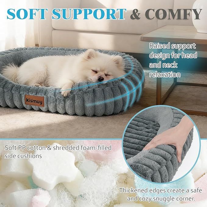 Cute Dog Bed for Medium Dogs, Orthopedic Rectangle Dog Bed with Washable Furry Cover and Anti-Slip Bottom, Soft Calming Puppy Bed with Handle, 30" x 24" x 5", Grey, L