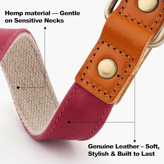Plutus Pet Genuine Leather & Hemp Dog Collar – Adjustable Heavy Duty Pet Collar with Quick Release Metal Buckle, Soft & Stylish for Puppy and Small, Medium, Large Dogs (Burgundy, L)
