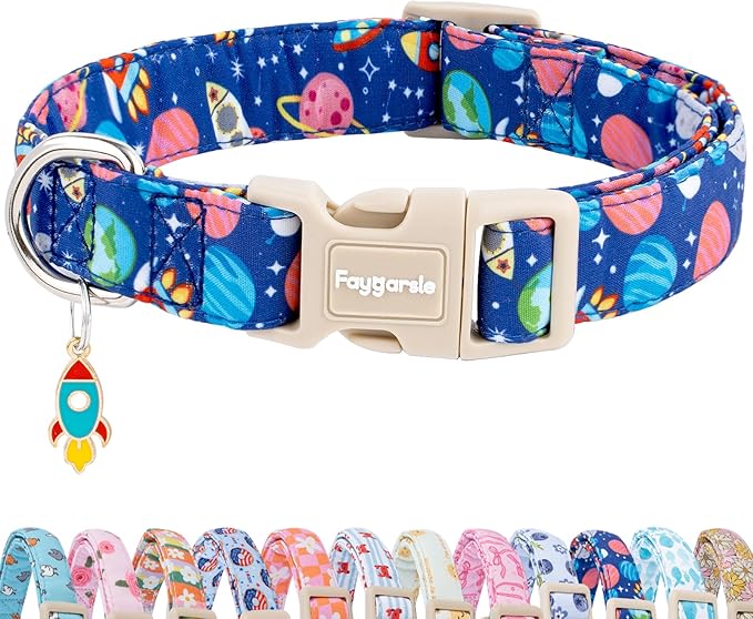 Faygarsle Space Theme Dog Collar, Navy Blue with Rockets and Planets Pattern for Summer Small Medium Large Dogs XS