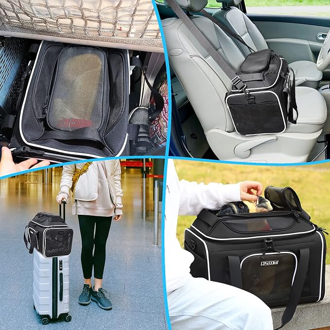 Petskd Top-Expandable Pet Carrier 17x12x8.5 Inches JetBlue Allegiant Spirit Airline Approved, Soft-Sided Carrier for Small Cats and Dogs with Locking Safety Zippers and Anti-Scratch Mesh(Black)