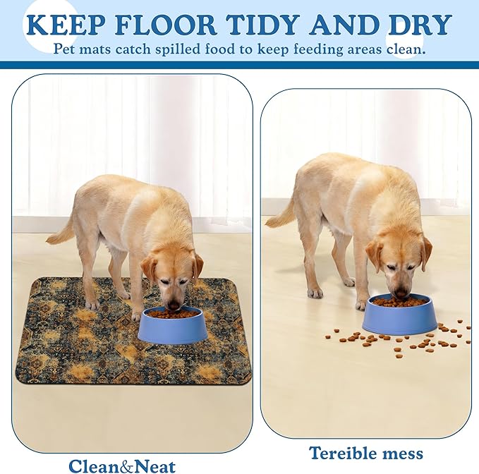 Grunge Boho Pet Feeding Mat for Floors–Christmas Stocking Absorbent Quick Dry Dog Cat Bowl Mat for Food and Water, Non Slip Waterproof Base, Mess-Free Feeding Accessories 16"x24"