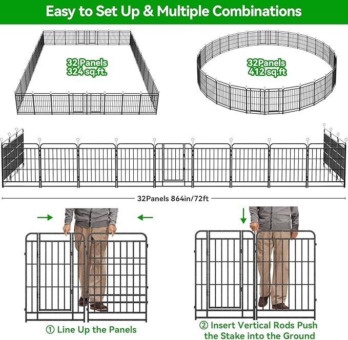 Dog Fence Outdoor 32 Piece Panels 32" Height, Square Steel Pipe with Reinforced Crossbars, Anti-Rust Heavy Duty Dog Playpen with Doors Portable for Yard RV Camping, Total 71FT, 406 Sq.ft, Snowy Black