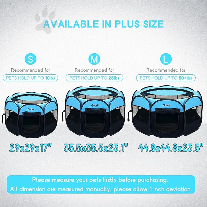 Portable Dog Playpen Indoor Outdoor, Collapsible Pet Dog Playpen with Zipper Top Cover, Cat Puppy Bunny Kitten Exercise Play Pen Tent for Beach RV Car (Medium Size,Black Blue)