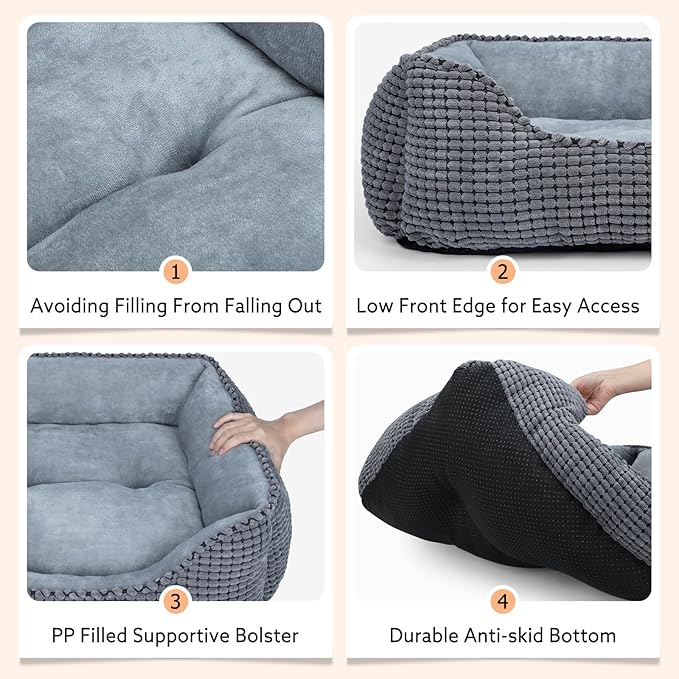 MIXJOY Dog Bed for Large Medium Small Dogs, Rectangle Washable Sleeping Puppy Bed, Soft Calming Cat Beds for Indoor Cats, Orthopedic Pet Sofa Bed, Anti-Slip Bottom with Multiple Size (20'', Grey)