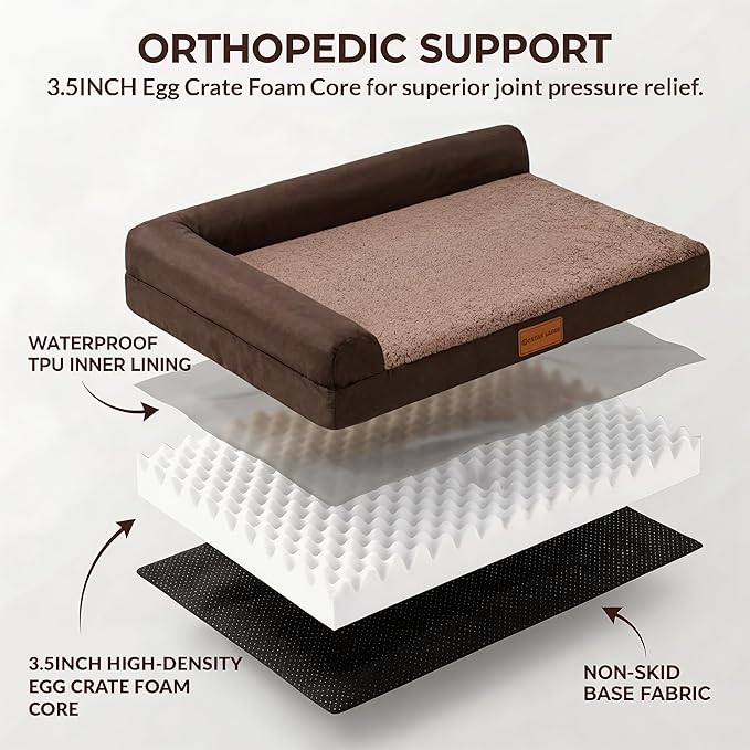 Patas Lague Orthopedic XL Dog Bed Large Sized Dog 48''X30'', Waterproof L Bolster Big Large Pet Sofa Beds with Removable Washable Cover, Soft Comfortable Pet Couch Crate Mat with Nonskid Bottom, Brown