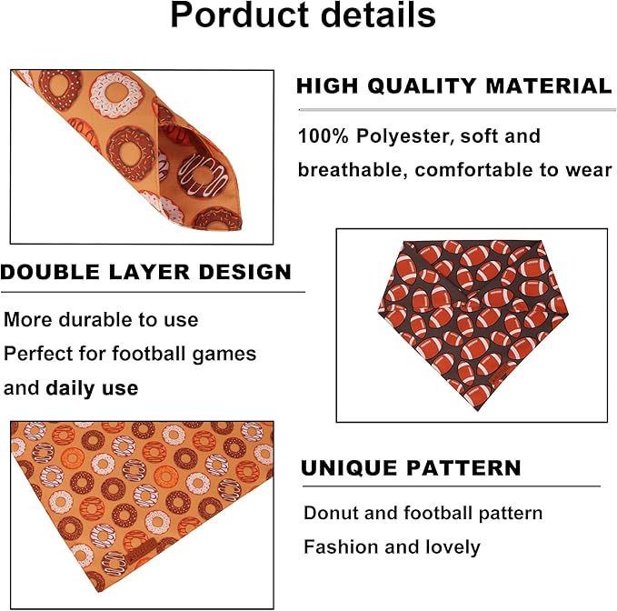 ADOGGYGO Dog Bandanas Boy Girl, Reversible Football Donuts Pet Scarf, Premium Fabric, Adjustable Fit Brown Football Bandanas for Extra Large Dogs (X-Large)