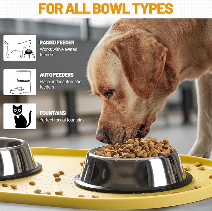 Hubulk 100% Waterproof Silicone Pet Feeding Mat with Raised Edge for Food and Water, Dog Bowl Mats, Cat Bowls Placemat with High Lip Protects Floor for Cats and Dogs (Yellow, 19" L x 12" W)