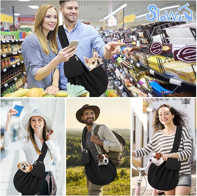 SlowTon Dog Carrier Sling - Thick Padded Shoulder Strap Adjustable Dog Carriers for Small Dogs, Puppy Carrier Purse for Pet Cat with Front Zipper Pocket Safety Belt Machine Washable (DB, L)