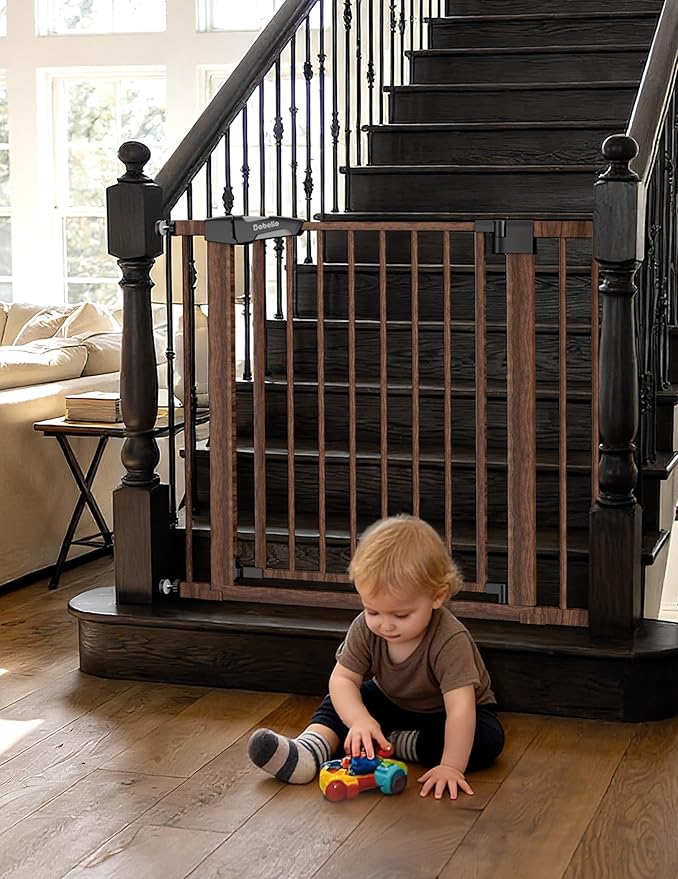 Babelio Baby Gate with Black Wood Pattern, 29-48 Inch Auto Close Dog Gate PressGuard P7 for The House, Stairs and Doorways, Pressure Mounted Pet Gate with Door and Y Spindle Rods