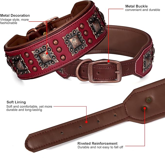PET ARTIST Upgrade Padded Leather Dog Collar, 2 inch Wide Genuine Leather Dog Collars with Strong Studded Rivet & Metal Buckle, Adjustable Large Dog Collar for Pit Bull Doberman,Red,Neck 19-22"