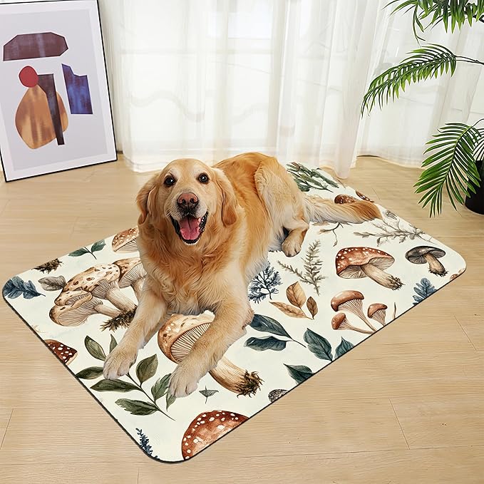 Vintage Mushroom Floral Dog Cat Food Mat–Christmas Stocking Absorbent Waterproof Placemat for Food and Water Bowls, Non Slip Rubber Backing, Feeding Mat for Clean Floors 12"x20"