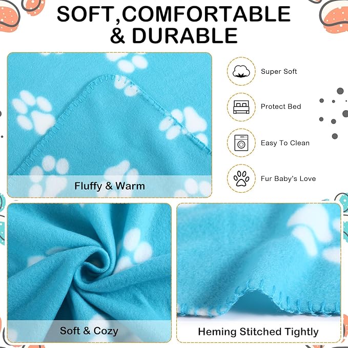Tegeme 12 Pieces Fleece Blankets for Pets Dog Puppy Paw Print Cat Bedding Cover Blanket for Small Animals Pig Cage Liner Sleep Mat Pad Kitten Soft Warm(Cute Style,12 x 12 Inches)