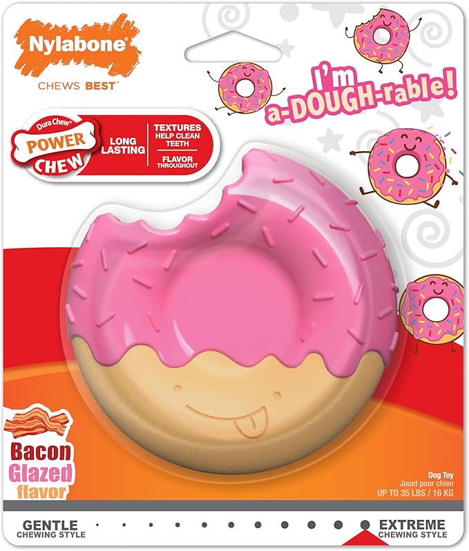 Nylabone Donut Power Chew Toy for Dogs, Dog Toys for Aggressive Chewers, Bacon Glazed Flavor, Medium Dogs - Up to 35 lbs, 1 Count