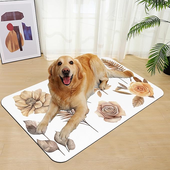 Floral Palm Leaves Dog Cat Food Mat–Christmas Stocking Absorbent Waterproof Placemat for Food and Water Bowls, Non Slip Rubber Backing, Feeding Mat for Clean Floors 16"x24"