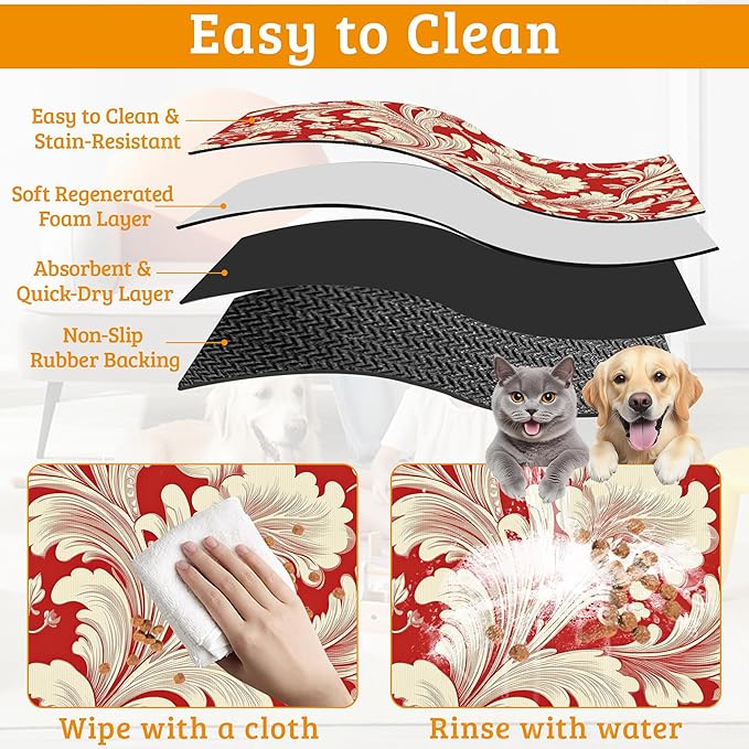 Red White Flower Feeding Mat,Paisley Absorbent Quick-Dry Cat Dog Food and Water Bowl Mats,Non-Slip Rubber Backing Mat,Cat Dog Accessories Supplies 12" x 20"