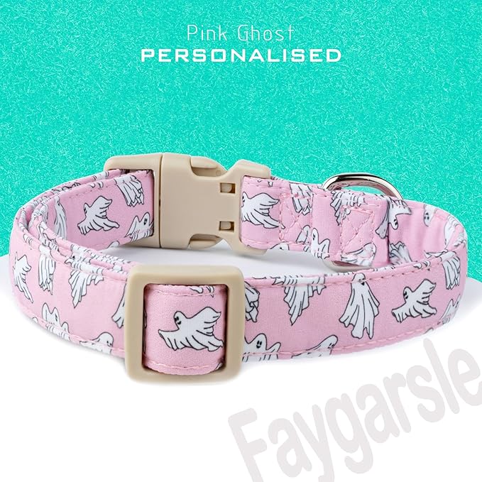 Faygarsle Pink Ghost Pattern Dog Collar with Charm, Halloween Pet Necklace, Adjustable Collar for Small Medium Large Dogs S
