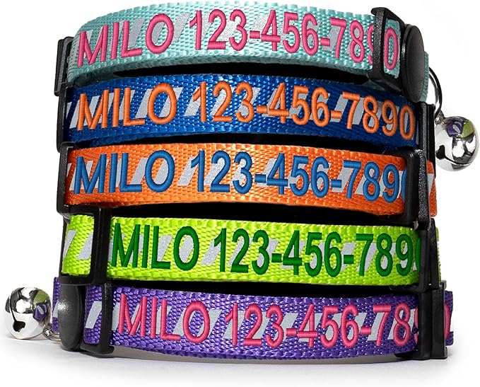 Pawtitas Personalized Teal Reflective Cat Collar – Adjustable Custom Collar with Safety Buckle, Removable Bell, and Engraved Name & Phone Number for Kittens and Adult Cats