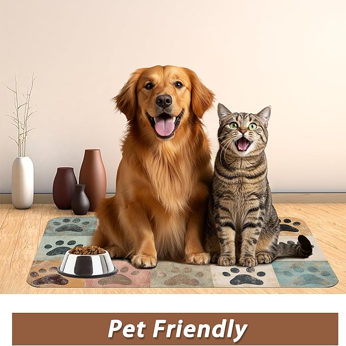 Cute Cat Paw Print Dog Food Mat for Floors,Vintage Absorbent Pet Food and Water Bowl Mats,Non-Slip Pet Feeding Mat,Pet Supplies 16" x 24"
