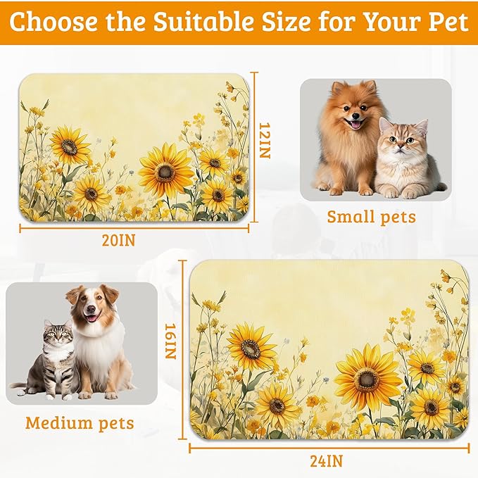 Yellow Floral Feeding Mat,Sunflower Absorbent Quick-Dry Cat Dog Food and Water Bowl Mats,Non-Slip Rubber Backing Mat,Cat Dog Accessories Supplies 12" x 20"