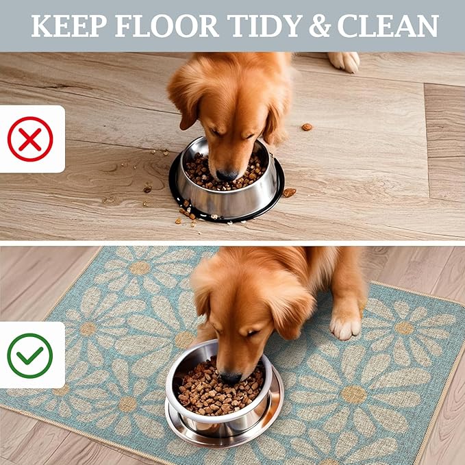 SHIYUE Dog Food Mats for Floors, Absorbent Cat Bowl for Food and Water, Non-Slip Accessories Pet Supplies(12"x20",Sky Blue Flower)